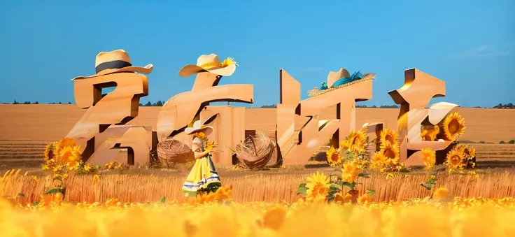 A huge three-dimensional letter "Only Henan" is made of straw, surrounded by sunflowers and cowboy hats on the ground, with yellow grass in the background, creating an overall golden atmosphere. The photo uses a blue sky colour scheme to highlight the autu...