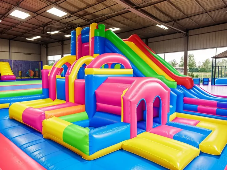 a pastel colorful inflatable bounce castle with a slide, inflatable bouncer castle, inflatable, activity play centre, softplay, bouncing, inflateble shapes, kids place, discovery zone, amusement park interior design, wrestling ring, inflatable landscape wi...