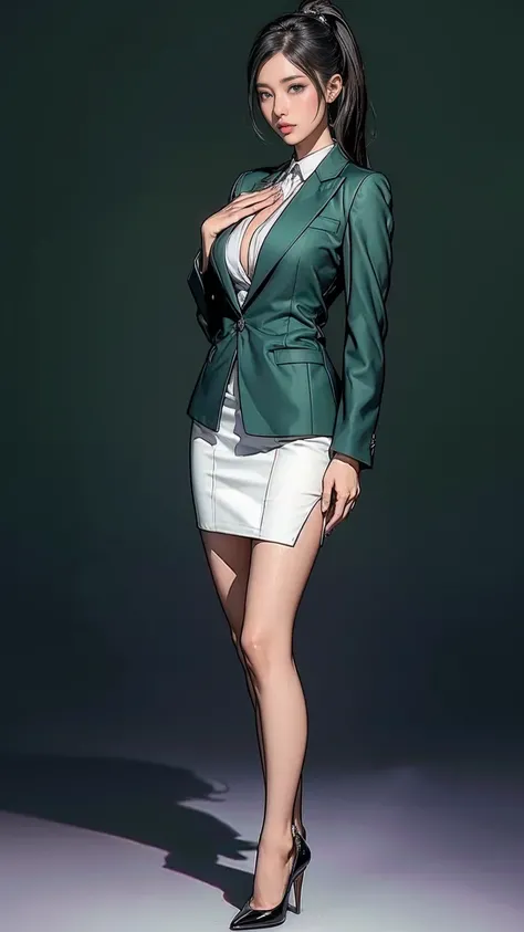 (Best quality, 4K, high resolution, masterpiece:1.2), ultra-detailed, realistic (photo-realistic:1.37), 34 years old, Japanese office lady, (wearing dark green blazer jacket over a crisp white blouse pair with dark green short pencil skirt with front-slit)...