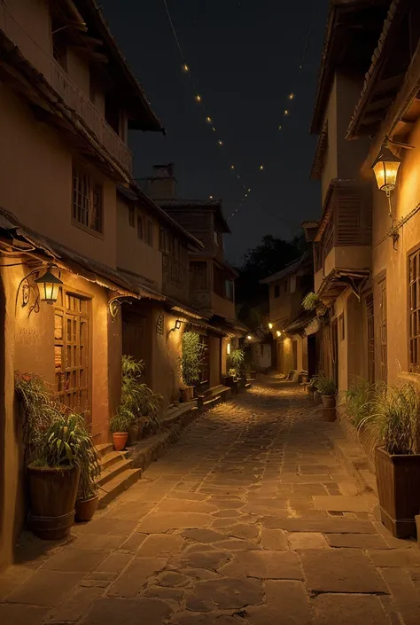 Create a digital artwork of a narrow, dimly lit street in a quiet Indian village at night. The scene should capture a serene yet slightly eerie atmosphere, with traditional houses, clay walls, and thatched roofs illuminated by soft, warm light from lantern...