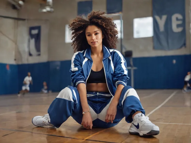 A captivating cinematic photograph of a young woman exuding confidence and athleticism, as she sits gracefully in a spacious gymnasium. Her voluminous curly hair cascades down her shoulders, framing her face in natural, effortless waves. She wears a retro ...