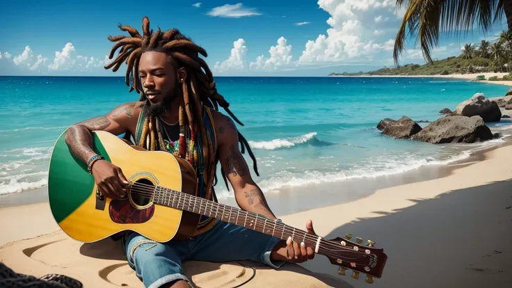 A jamaican reggae dJ with dreads sitting on the shore playing guitar jamaican reggae dJ with dreads playing an acoustic guitar in front of the ocean the rap album cover is a picture of the guy with dreadlocks playing the guitar
