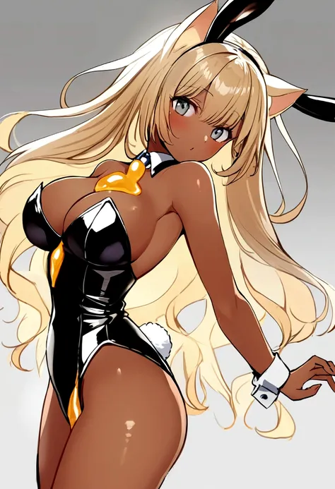 1WOMAN, Solo, One pretty black woman with light, tan skin. Large breasts. Pale blonde hair with honey blonde cat ears. Sexy, grey eyes with hearts in them. Flowy Blonde hair with bangs, while in a playboy bunny costume. Her hair is flowing behind her. The ...