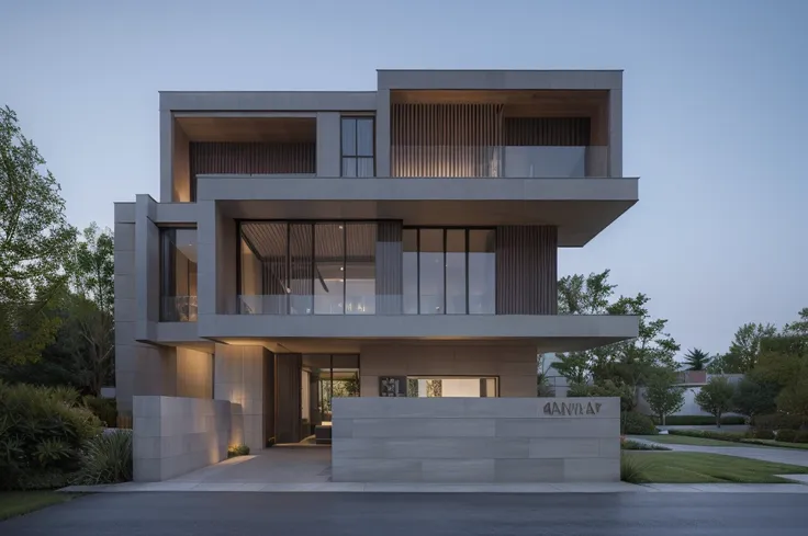 RAW photo, a photo of a modern villa with a car parked in front of it, ((1/2 dark grey wood facade)), architectural shot, gate, road, viet nam modern residence, rough white wall, new residential area, wide angle exterior 2022, contemporary house, exterior ...