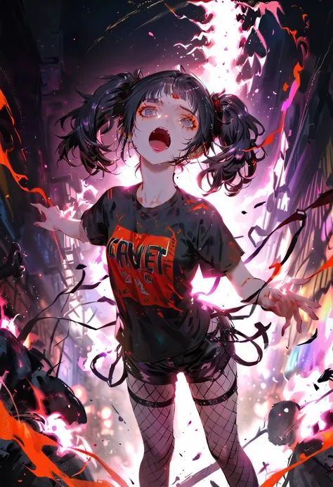 Dilated grey eyes，Fishnet stockings and black leather shorts，Black damaged T-shirt，Beautiful girl with black hair in twin tails, Realistic,The background is a neon street，Landmine makeup，Screaming