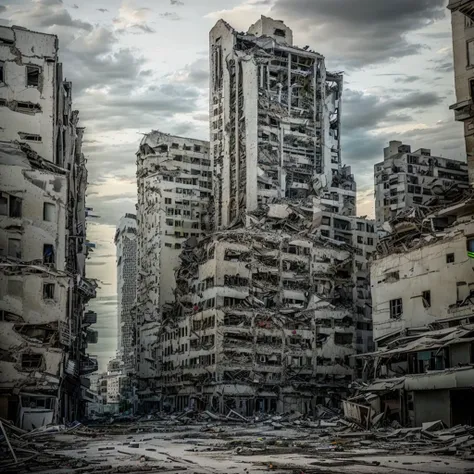 arafed building in a city with a lot of rubble on the ground, destroyed modern buildings, post - apocalyptic city streets, outdo...