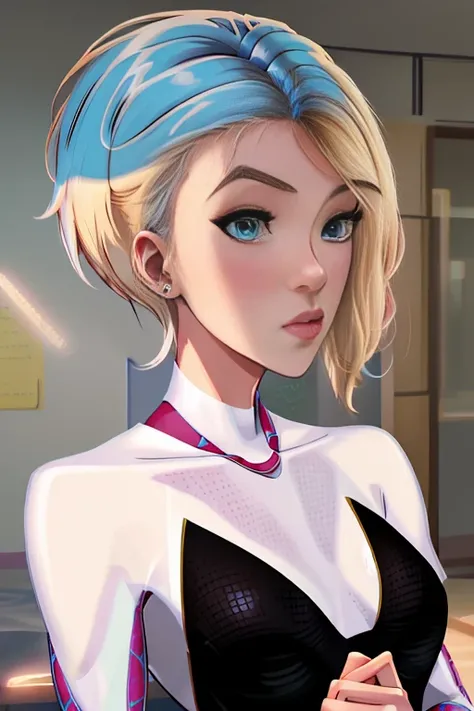 (masterpiece, best quality),  intricate details,
1girl,  gwen stacy, blonde hair , blue hair , short hair, animification ,eyebrow piercing
 3DMM,