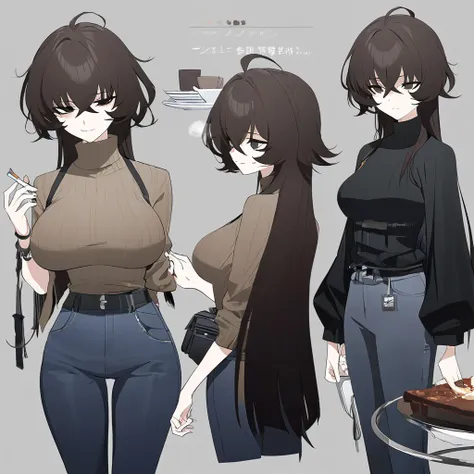 one woman,downer,older sister,concept art,dark brown hair,straight hair with slight inward curls,staring eyes,eye ridge,black ey...