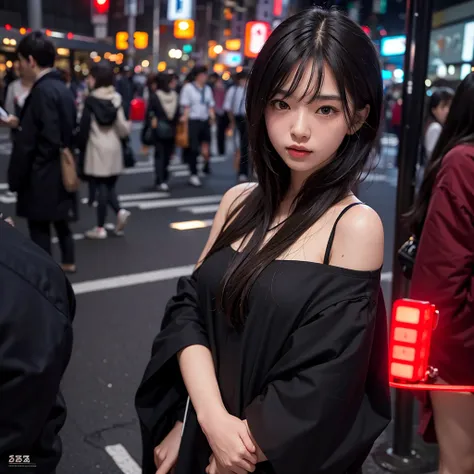 1girl, Tokyo street,night, cityscape,city lights, upper body,close-up, 8k, RAW photo, best quality, masterpiece,realistic, photo-realistic,