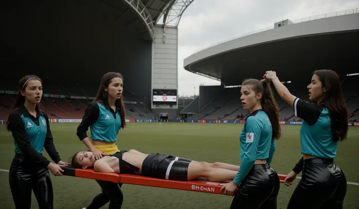 a horizontally lying wounded male soccer player, a soccer scene in a german sports stadium, injury scene in a sports stadium, stretcher carry, an injured soccer player is lying head first on his back on a stretcher and is covering his head with the hand, t...