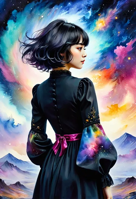 ((view from the back)): [Young 1girl, Cute Black Chaos Bob To The Wind, baroque:20]:BG[Nebula IC434] (Art by Slawomir-Maniak), Lush watercolor palette canvas/acrylic, Intricate, Extreme detailing, Complex key, ((Single Shot)), ((Best Quality)), ((Masterpie...