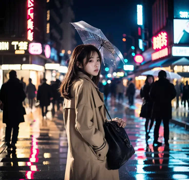 (Cinematic Aesthetic:1.4) Photo of a beautiful korean girl walking in the street holding an umbrella in a coat