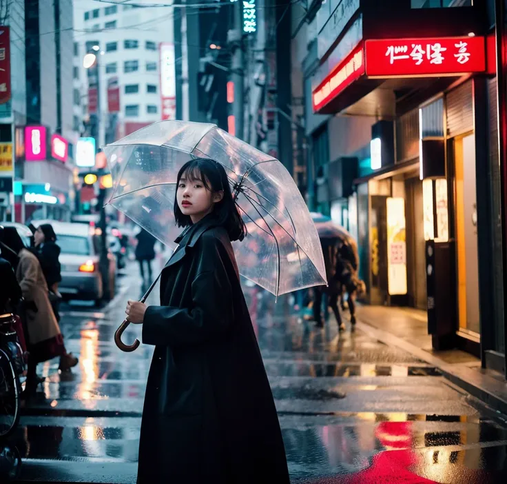 (Cinematic Aesthetic:1.4) Photo of a beautiful korean girl walking in the street holding an umbrella in a coat