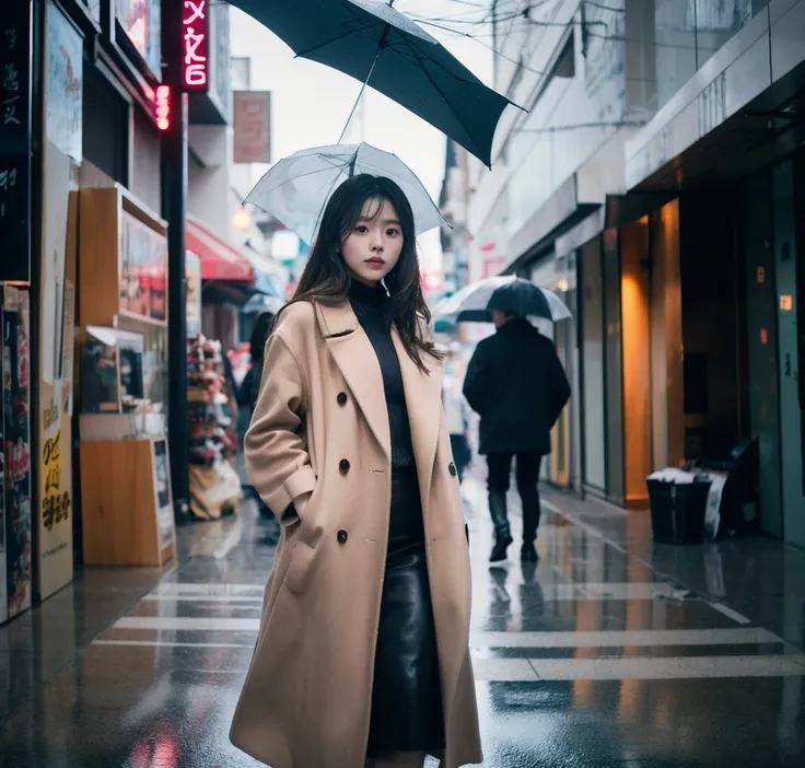 (Cinematic Aesthetic:1.4) Photo of a beautiful korean girl walking in the street holding an umbrella in a coat