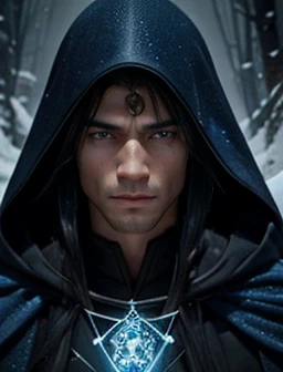 A male elf from Arafed with long black hair and a blue cloak., Portrait of Finn Wildcloak, The intricate runes inscribed on the magic ring shimmer and glow like ghosts., This breathtaking portrait, See every intricate detail in stunning clarity. The magici...