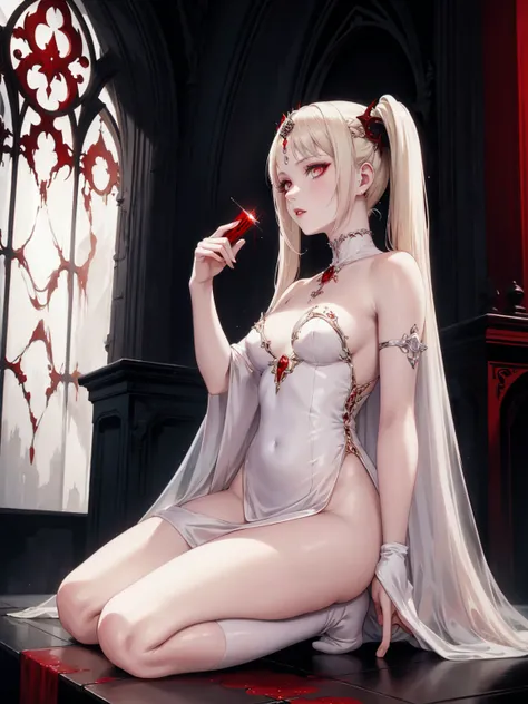 pale young divine gothic priestess, twintails, pure white skin, rust decay, Beautiful full body symmetrical portrait, Delicate blonde hairstyle, crimson eyes, dark red elegant gothic armor, encrusted with red gems, dark cathedral, masterpiece, Highest imag...