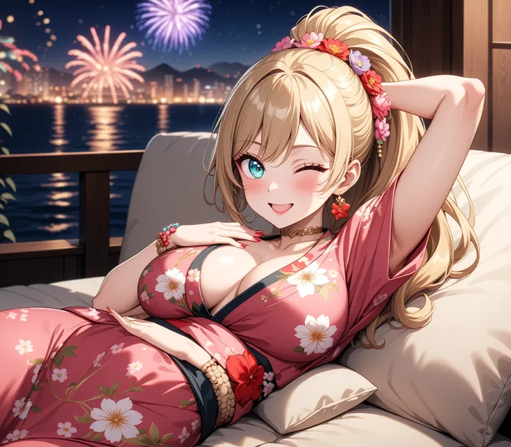 ((one personの女性)), Beautiful Face, Laughing embarrassedly,((Wink:2.0)),((a woman in a sexy pose. She is lying on a sofa,supporting her head with one hand while the other hand is sensually running along her body. Her expression is seductive)),Laughing with ...