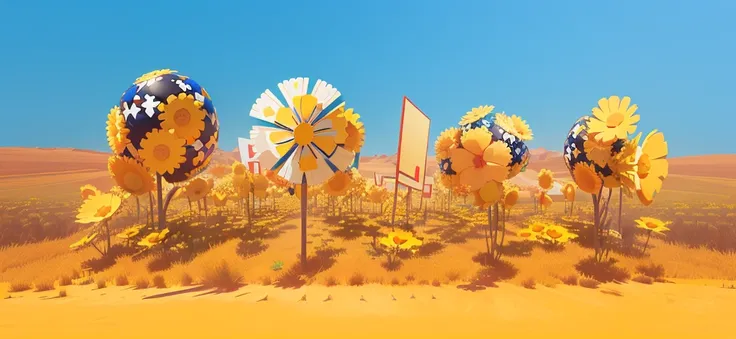 there are many sunfloexisters and a sign that says sunfloexister, surreal existaiizi floexisters, Pixar Panorama, Scenes: sunfloexister field, Scenes : sunfloexister field, Stylized as 3D rendering, exist一个晴朗的日子, surreal Scenes, Stylized digital illustrati...