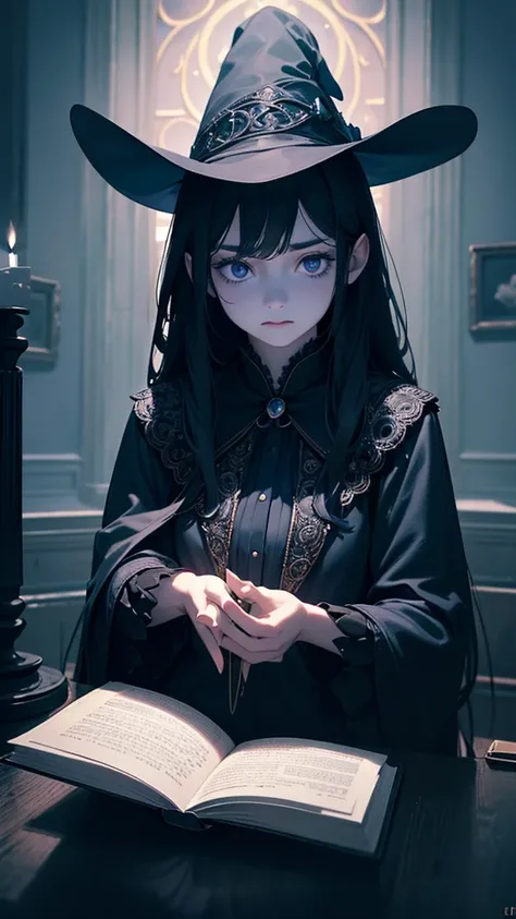 A mystical girl with long black hair, deep black eyes, wearing a navy blue witchs hat and dress, holding a book with a black magic circle, in a dimly lit European-style interior, with blue candle flames, (best quality,4k,8k,highres,masterpiece:1.2),ultra-d...