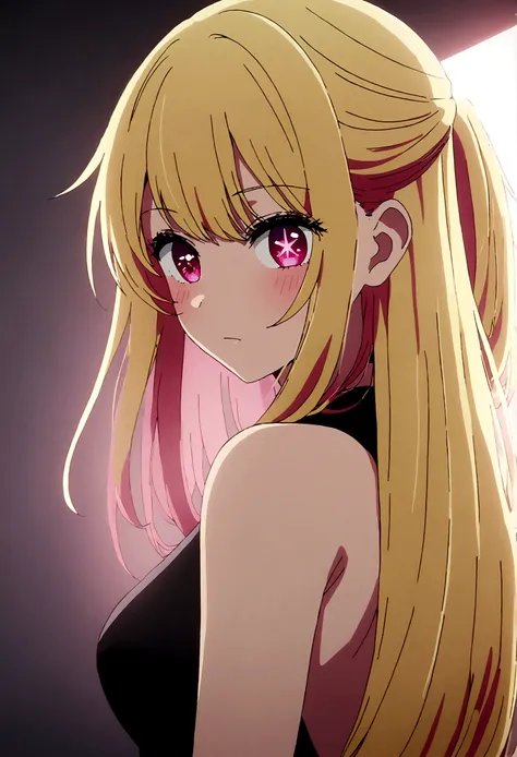 hoshinoruby, star-shaped pupils, ruby_hoshino, blonde hair, bangs, 1girl, pink eyes, long hair, backless, cowboy shot,