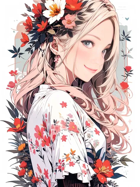 (Detailed and top quality illustrations:1.2), (pretty girl:1.0), (One Girl, alone:1.0), (Light pink hair:1.0), (smile:1.1), (Holding a bouquet:1.0), (Upper Body:1.0), (garden, Floral Background:1.0), (Super detailed, High resolution:1.0),