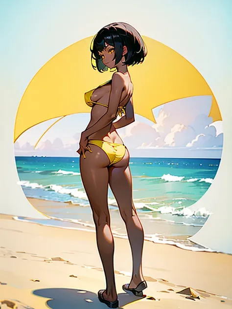 masterpiece, best quality, dark skin, short hair, yellow eyes, black hair, green and yellow bikini, beautiful girl, thin, full body, very plan boobs, very short boobs, very small , big butt, wide thigh, beach background