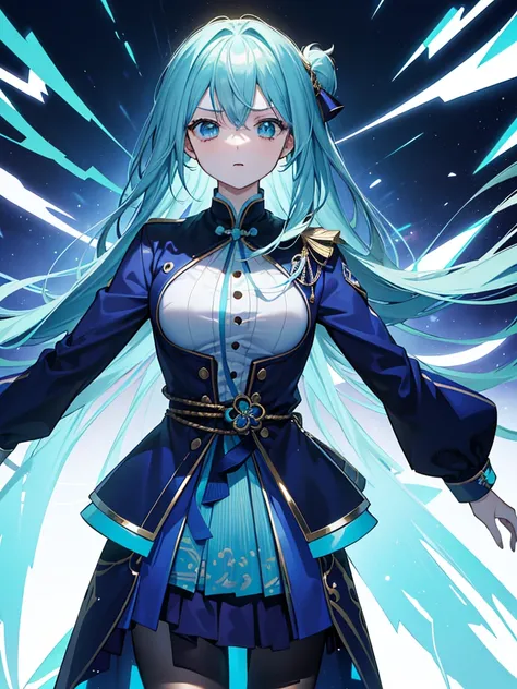 ((((dramatic)))、(((Grainy)))、(((intense)))若いwomanを主人公としたキャラクターデザイン。She stands confidently facing front in the center.、Dressed in a stylish and edgy blue outfit、The expression is cute。白色のbackground。Fashionable, woman, Vibrant, Costume, Pause, front, dynamic...