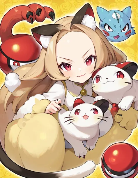 persian \(pokemon\), pokemon \(creature\), beige fur, claws, red eyes, whiskers, cat, red forehead jewel, tail, slit pupils