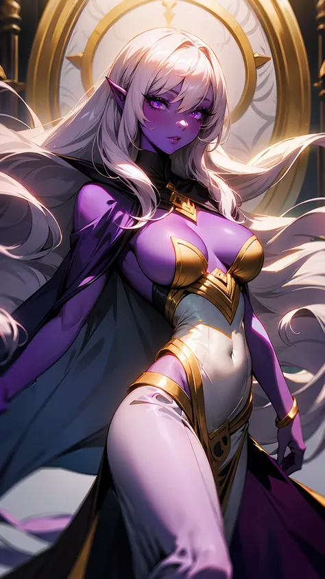 dnd woman character , drow woman , purple skin color, big purple eyes, long wavy silver hair, graceful, mystical , white and gold dress
