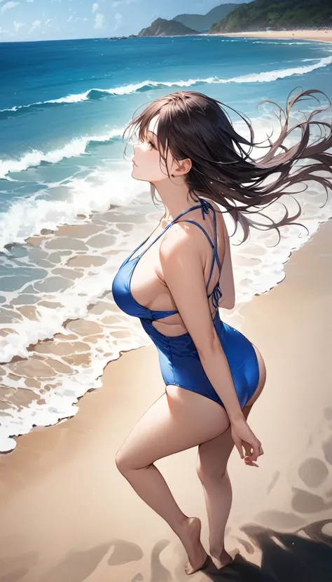 (Masterpiece), (8k size wallpaper), (top quality), Caustics, Detiled、Hyperrealistic Photo、Photorealistic、A beautiful woman in a swimsuit is looking back at the beach、Dynamic photos、Wind