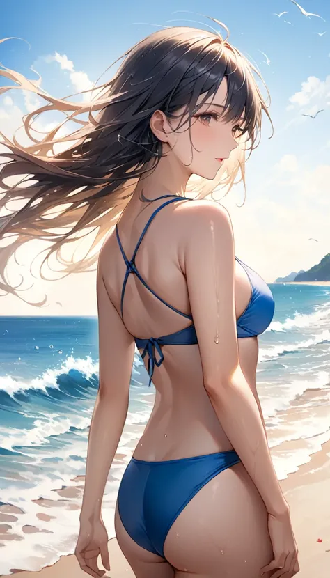 (Masterpiece), (8k size wallpaper), (top quality), Caustics, Detiled、Hyperrealistic Photo、Photorealistic、A beautiful woman in a swimsuit is looking back at the beach、Dynamic photos、Wind