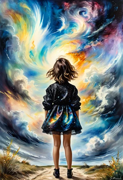 ((view from the back)): [Young 1girl, Cute Black Chaos hurricane Bob To The Wind, ((style by El Greco/Tomas Mann/John Constable!)!)baroque:20]:BG[Nebula IC434] (Art by Slawomir-Maniak), Lush watercolor palette canvas/acrylic, Intricate, Extreme detailing, ...