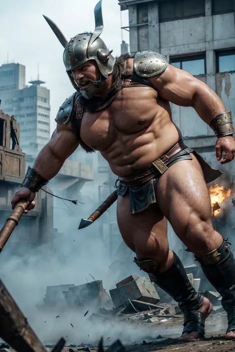 looking at us, shoot from front, face focus, Bandit, Fat ferocious barbarian:2, This barbarian is a robust stocky Japanese, smirking, mid combat, intense battle scene, leather and iron armor, armored short skirt, holding a Viking War Axes, viking helmet, l...