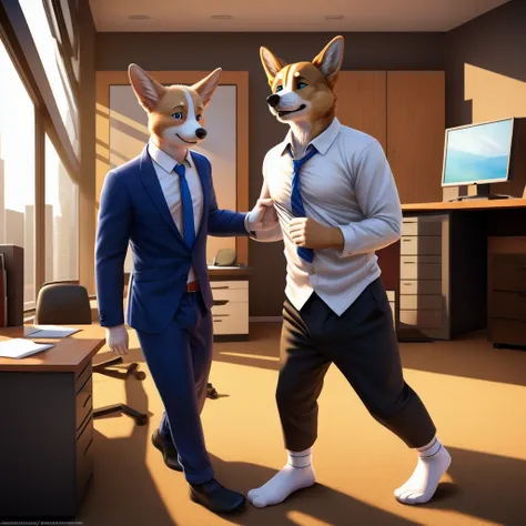 dad male  corgi with small human blue eyes, no eyebrows, office suit, no pants white briefs ,white ankle socks ,  removing shirt  , highly detailed lineart, realistic feet, 4k, best quality, masterpiece, studio lighting, vivid colors, physically-based rend...