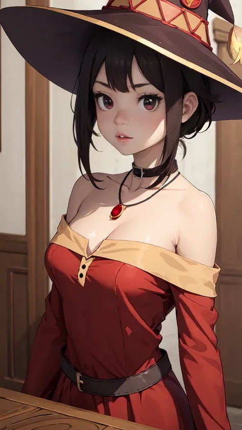 artgerm, table, best quality, extremely detailed, table, best quality, megumin, 1 girl in, bare shoulders, black e.g, black glov...