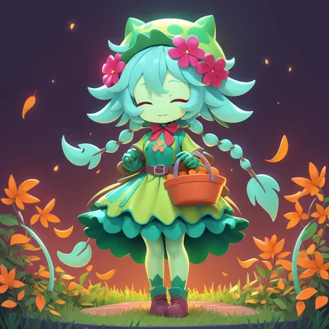 A blue-green skinned Alraune monster girl with maroon flower bulbs and orange leaves on their head eyes closed and dressed in a gardeners outfit in the garden at night