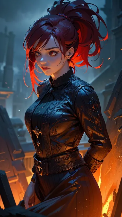 A beautiful girl with a red ponytail, dancing in red flames, in a graveyard, highly detailed, high quality, photorealistic, masterpiece, (best quality,4k,8k,highres,masterpiece:1.2),ultra-detailed,(realistic,photorealistic,photo-realistic:1.37),extremely d...