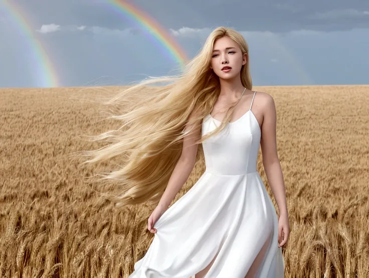 Its sunny but raining, a 20 year old woman in a ((white dress)) is standing in a wheat field. A rainbow is visible behind her, her ((blond)) hair is blowing in the wind. Windblown hair, golden hair blowing in the wind. Windblown hair, windblown hair, girl ...