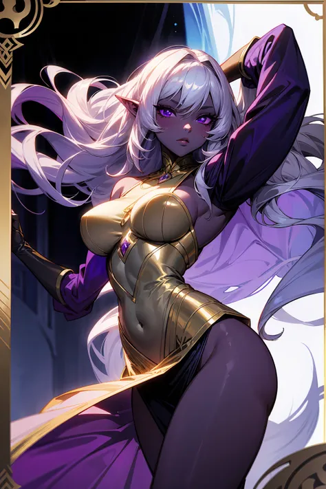 dnd woman character , drow woman , dark purple skincolor, big purple eyes, long wavy silver hair, graceful, mystical , white and gold dress
