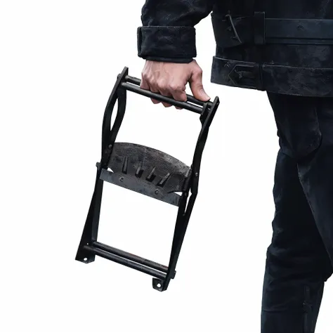 Someone holding a black metal ladder with handles, blacksmith product design, Ease of use, Holding a wood saw, Official product photos, large metal jaw, Official product images, tool, Holding a sickle, With a scythe, holding a giant flail, Black Fast, auth...