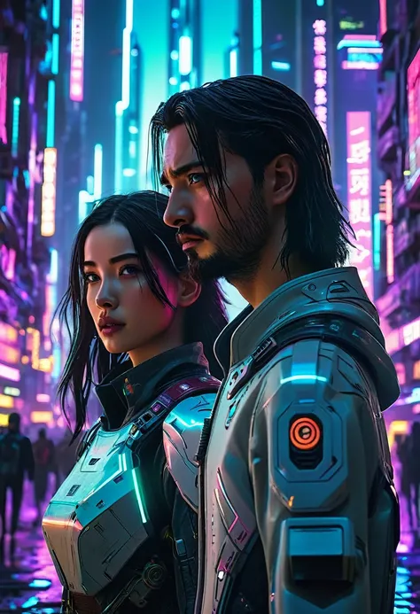 “It portrays Eva and Leo, two characters in a cyberpunk environment. Eva is a young woman with long dark hair, deep and expressive eyes, and an upright posture, reflecting determination and bravery. Leo is a man with a strong and athletic appearance, with ...