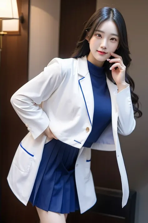 (masterpiece, best quality), 1girl, A beautiful young Korean woman in a white lab coat, korean actress, wearing (lab coat, blouse, dark blue skirt, stockings), , finger to mouth, (POV shot), (cowboy shot), extremely detailed face and eyes, detailed facial ...