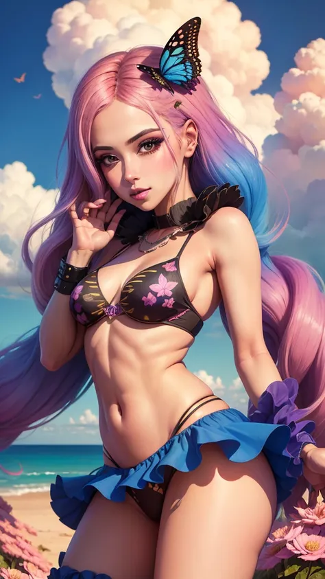 A woman with colorful hair and makeup posing for a photo in a fantasy world inspired by Lisa Frank. The sky is a vibrant pink and the clouds are an electric blue, while the ground is covered in pastel colored flowers and butterflies. El retrato es una mezc...