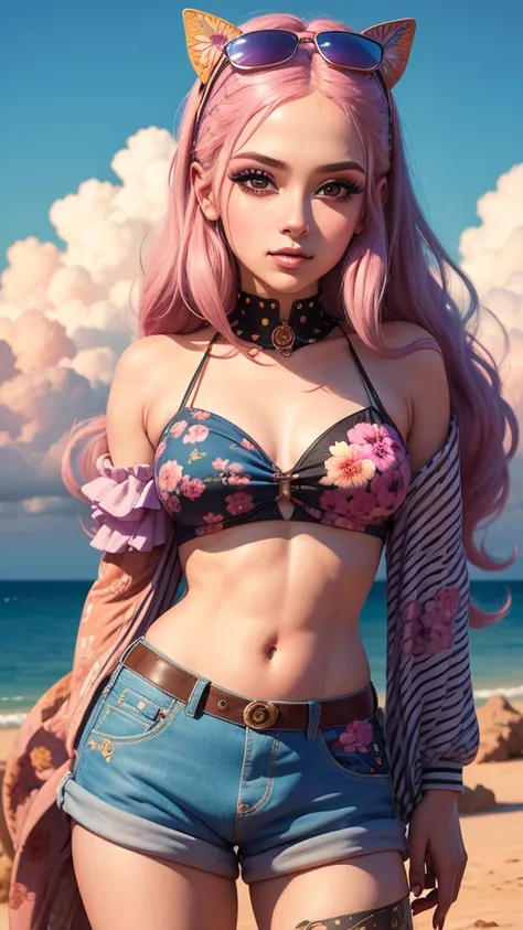 A woman with colorful hair and makeup posing for a photo in a fantasy world inspired by Lisa Frank. The sky is a vibrant pink and the clouds are an electric blue, while the ground is covered in pastel colored flowers and butterflies. El retrato es una mezc...