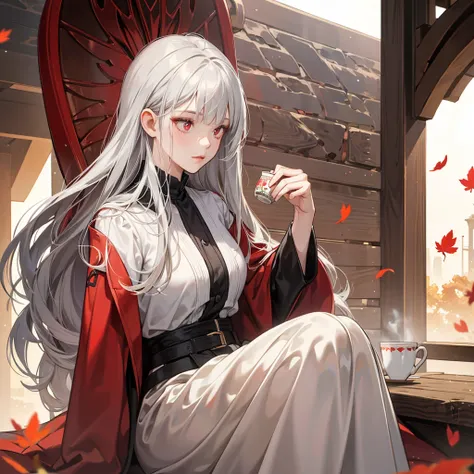 1 girl, high resolution, long silver hair, gray hair, glossy hair, silk hair, red blinking light eyes, red eyes, light red eyes, straight beautiful bangs, blunt bangs, wearing stylish and elegantly coat that gives autumn vibes, holding cup of tea, Very det...