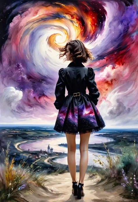 ((view from the back)): [Young 1girl, Cute Black Chaos hurricane Bob To The Wind, ((style by El Greco/Tomas Mann/John Constable!)!) baroque::20]:BG[Nebula IC434 crimson/liliac] (Art by Slawomir-Maniak), Lush watercolor palette canvas/acrylic, Intricate, Ex...