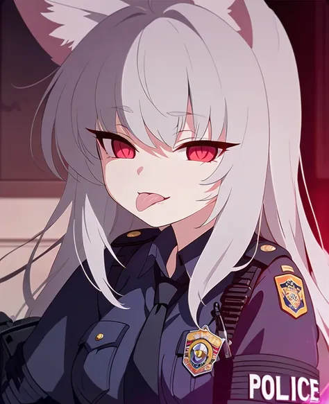 NSFW,1girl,Fox Girl,Slit eyes,Silver Hair,Red eyes,long trimmed hair,high school girl,Police uniform,Character portrait,Mobile Task Force Equipment,A faint smile,Licking your tongue,full Art,Artwork style,