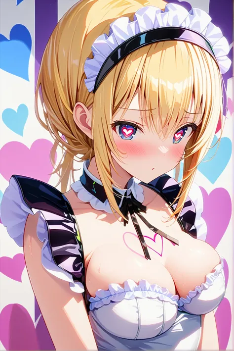 masterpiece, best quality, 1girl,blonde hair,Sui, (finely detailed heart shaped pupils and detailed face),,half body shot,lovestruck,extremely detailed CG unity 8k wallpaper,solo,(latex maid costume:0.9),glamour body,