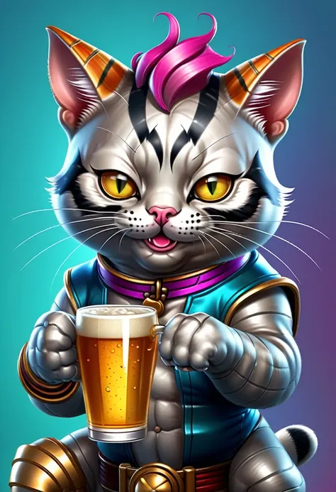 a medium quality digital illustration of a funny and adorable (cat) wearing mascara, sipping beer, with yakuza tattoos, cartoon style, colorful, humorous, cute, character design, unique concept, detailed, vibrant colors