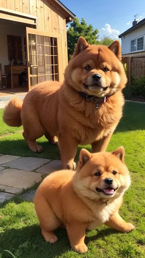 cinnamon sable colored male fat chow-chow dog weighing 30kg is playing on the lawn of an aesthetic small house with pretty female cream chow-chow dog weighing 20kg. With a beautiful view of the evening sky.